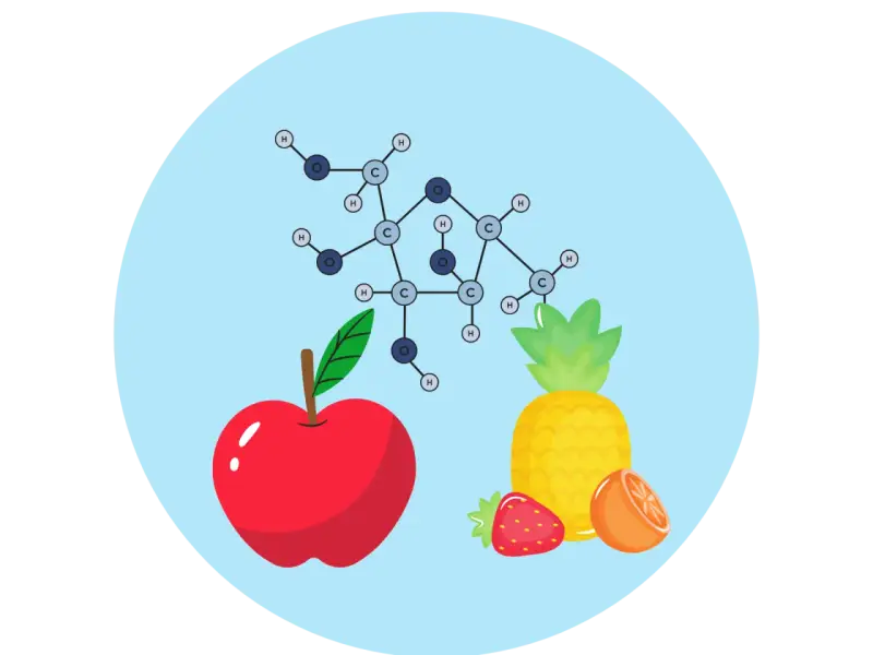Struktura chemiczna fruktozy i owoce (jabłko, ananas, truskawka, pomarańcza) - czy fruktoza jest zdrowa?